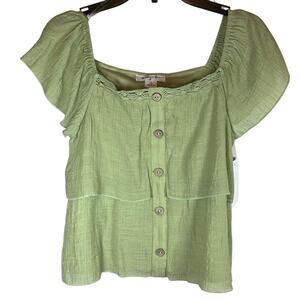 Ally B Flutter-Sleeve Faux-Button-Front Woven Green Boho Blouse Size L 14T